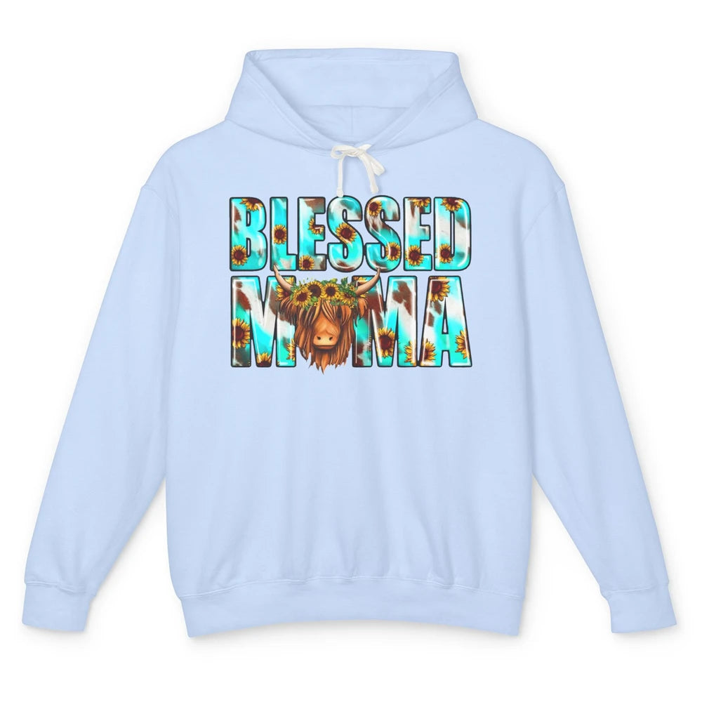 Retro Sunflower Highland Cow Blessed Mama Western Cow Mama Unisex Lightweight Hoodie