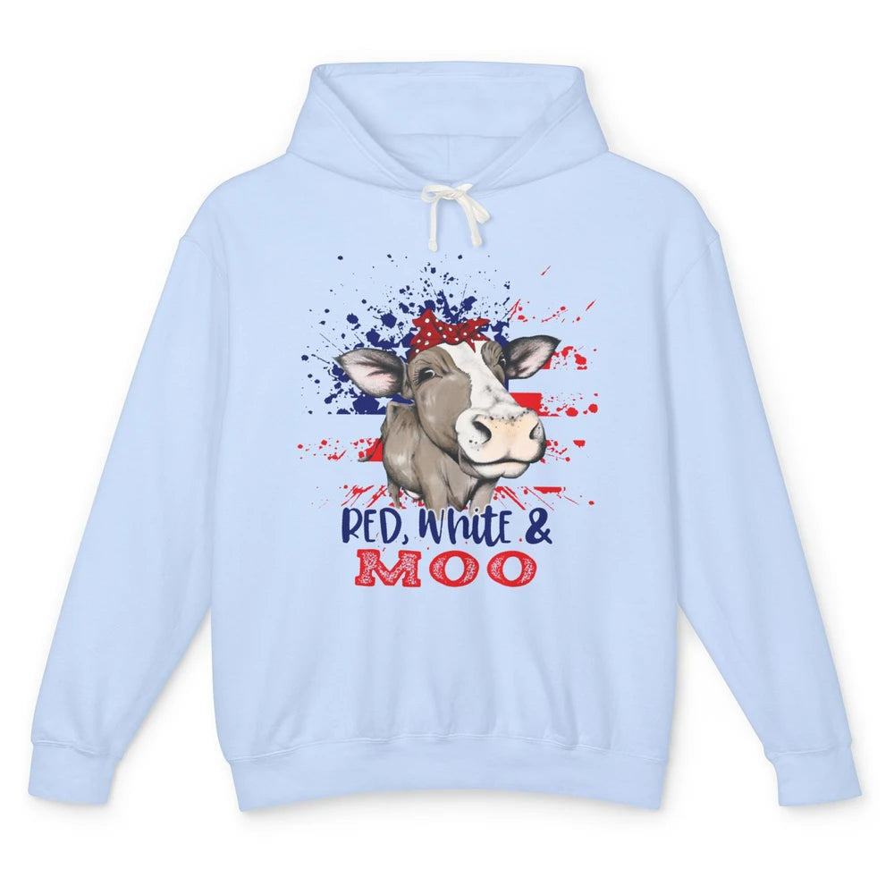 Red White Moo Cow America Flag 4th of July Patriotic Unisex Lightweight Hoodie