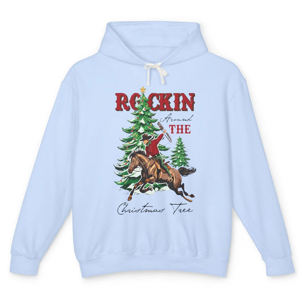 Retro Horsing Cowboy Rocking Around Christmas Tree Western Unisex Lightweight Hoodie