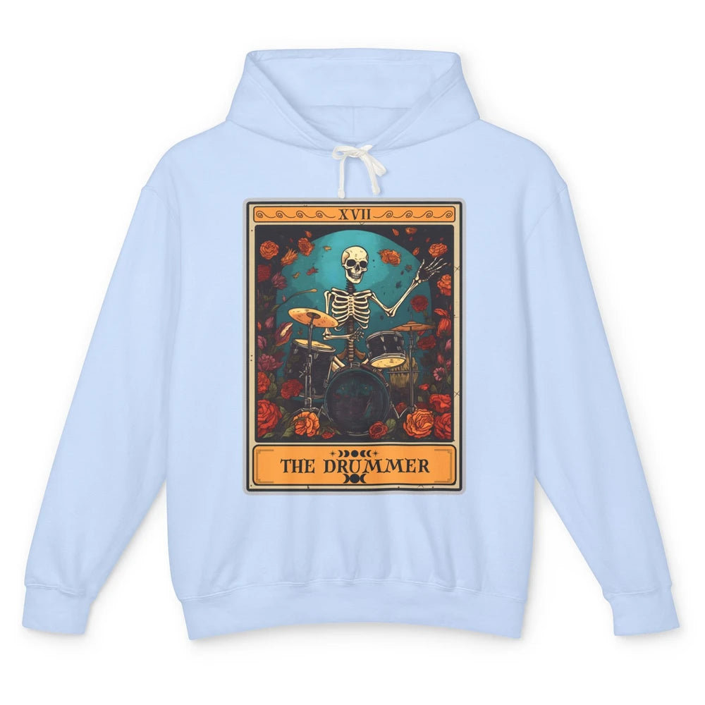 Retro Skeleton The Drummer Tarot Card Halloween Drumming Unisex Lightweight Hoodie