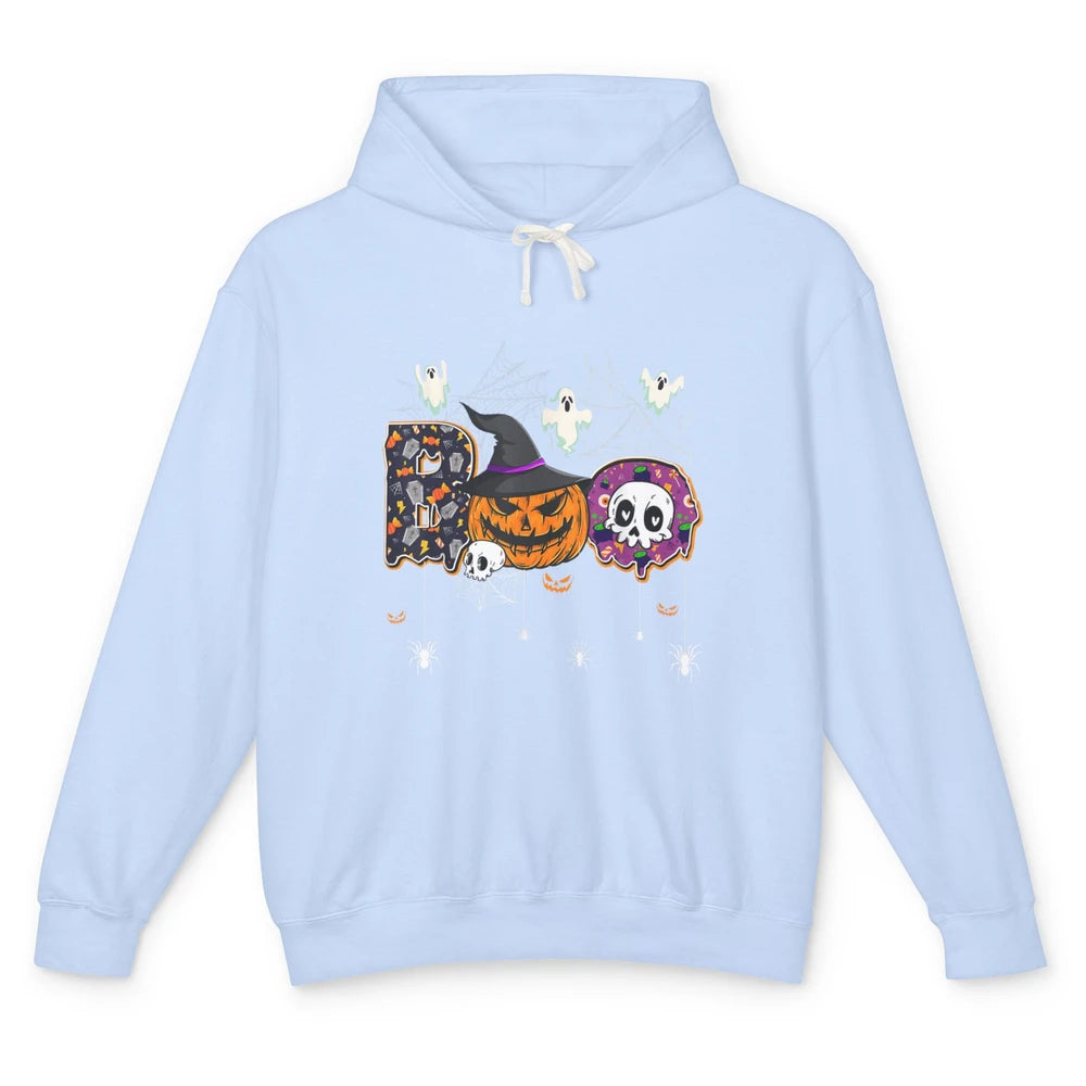 Funny Skeleton Hey Boo Witch Ghost Halloween Spooky Gothic Unisex Lightweight Hoodie