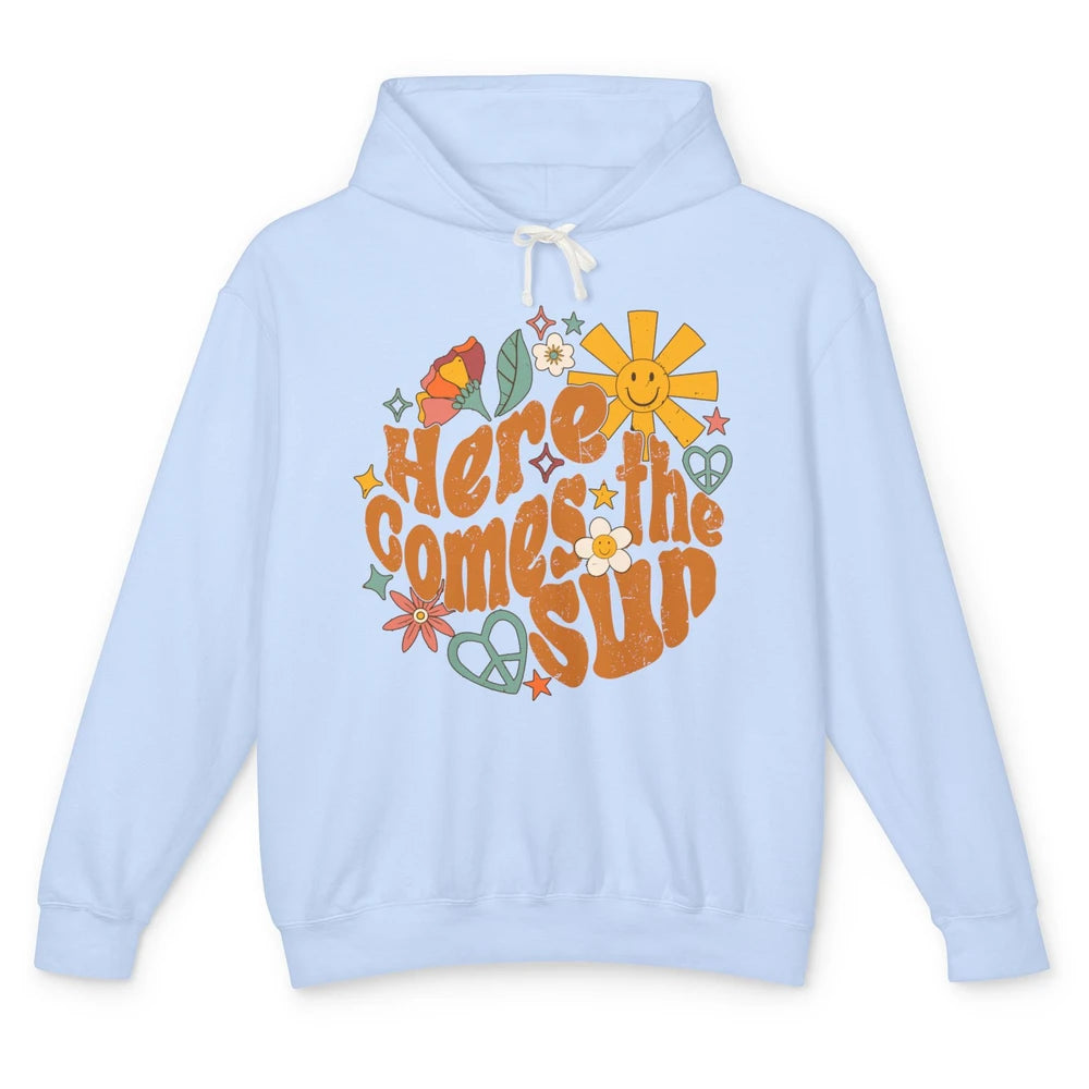 Retro Daisy Rainbow Sunrise Here Comes The Sun Hippie Girl Unisex Lightweight Hoodie