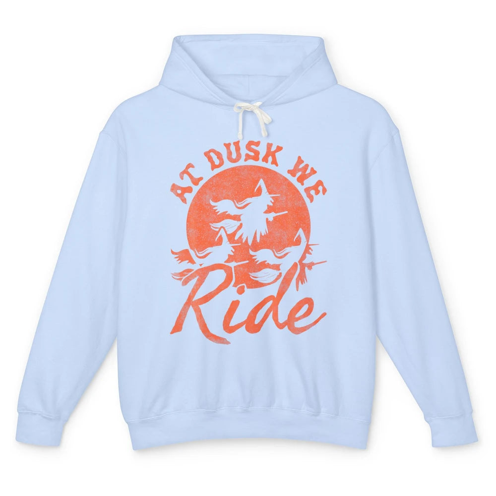 At Dusk We Ride Witch Hat Broom Moon Halloween Spooky Season Unisex Lightweight Hoodie