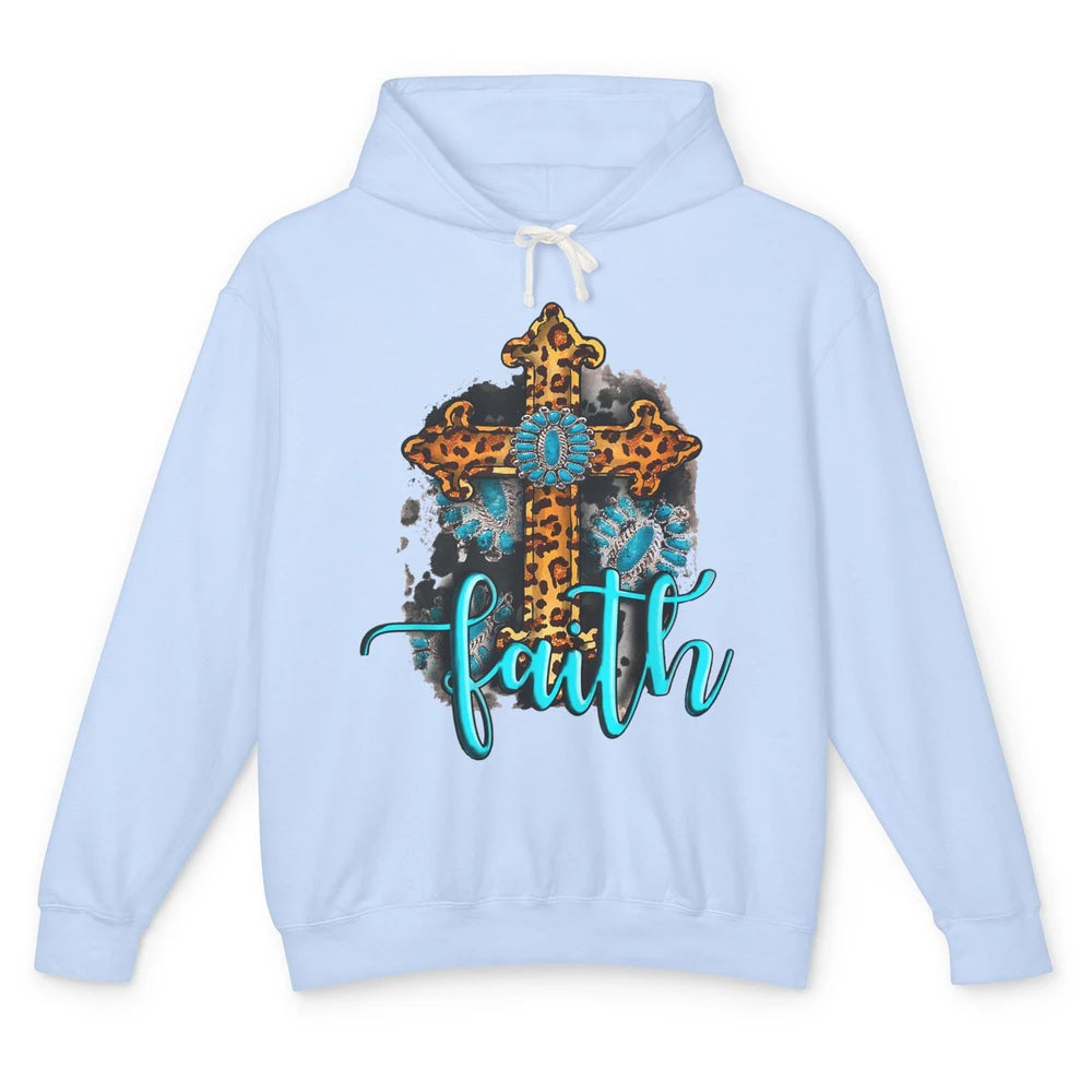 Western Gemstone Leopard Turquoise Cross Faith Jesus God Unisex Lightweight Hoodie