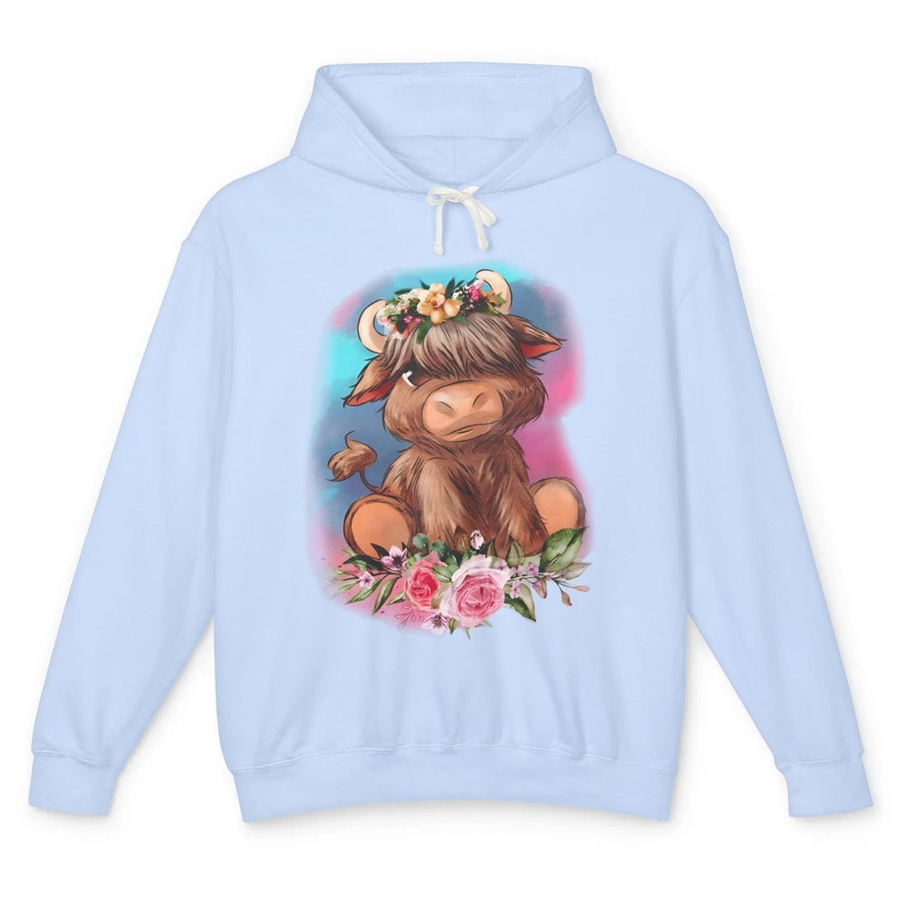 Floral Baby Highland Cow Farm Animals Western Country Unisex Lightweight Hoodie