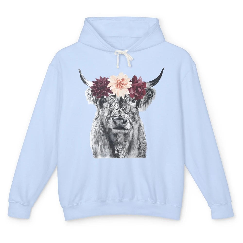 Heifer Highland Cow Flowers Farm Life Animal Floral Retro Unisex Lightweight Hoodie