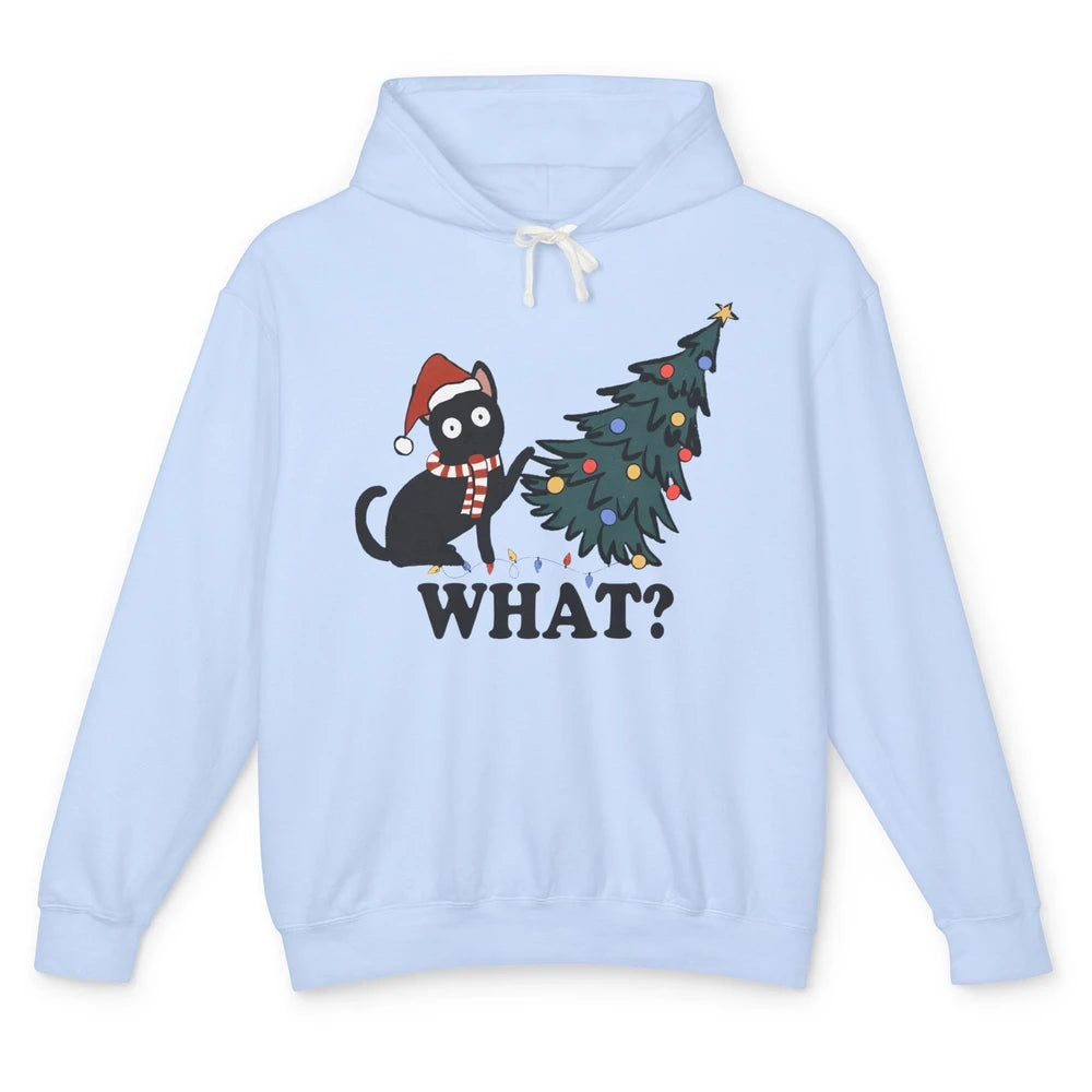 Funny Black Cat Pushing Christmas Tree What? Christmas Cat Unisex Lightweight Hoodie