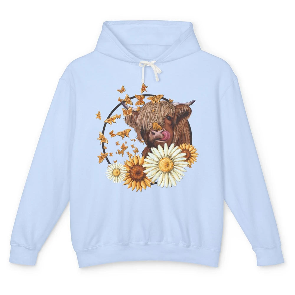 Highland Cow Sunflowers And Daisies Cow Flower Farm Country Unisex Lightweight Hoodie