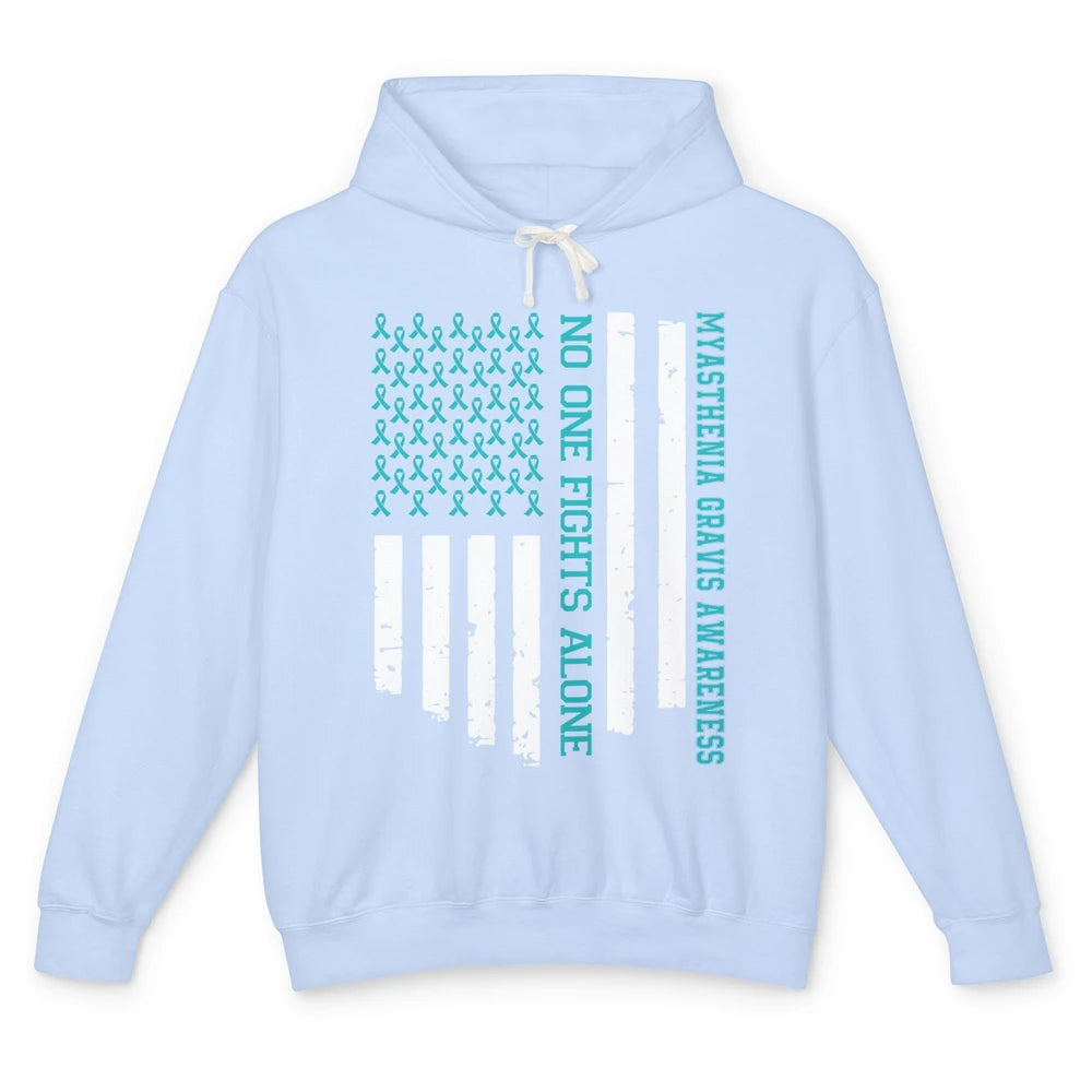 Myasthenia Gravis Awareness Teal Ribbon No One Fight Alone Unisex Lightweight Hoodie