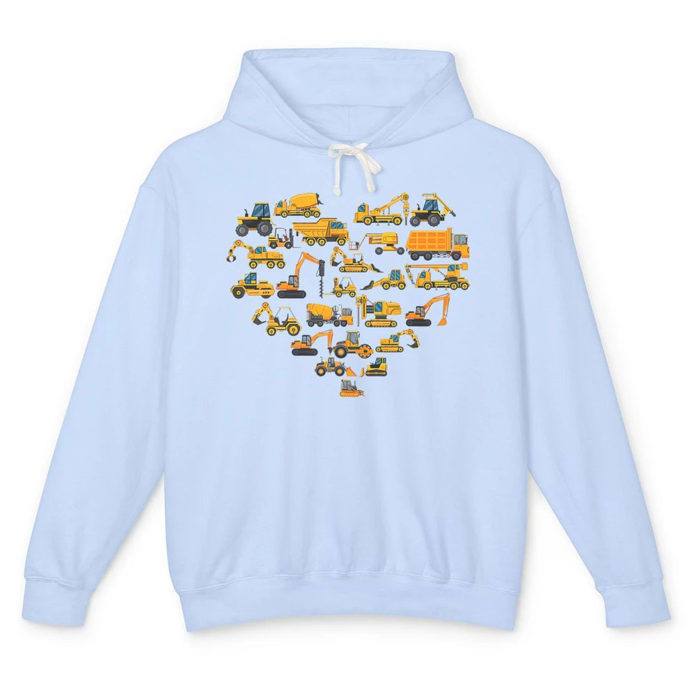 Types Of Construction Excavator Bulldozer Truck Heart Love Unisex Lightweight Hoodie