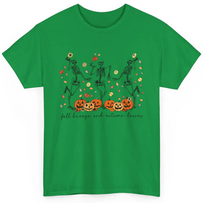 Retro Pumpkin Dancing Skeleton Fall Breeze And Autumn Leaves Classic Unisex T-Shirt