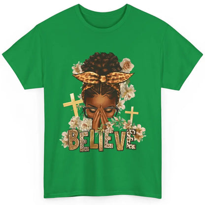 Floral Leopard Afro Messy Bun Believe Christian Religious Classic Unisex T-Shirt