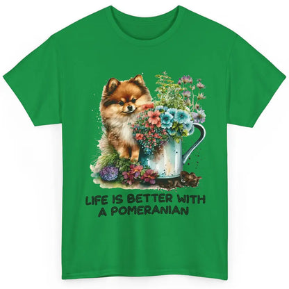 Cute Pomeranian Puppy Flowers Life Is Better With Pomeranian Classic Unisex T-Shirt