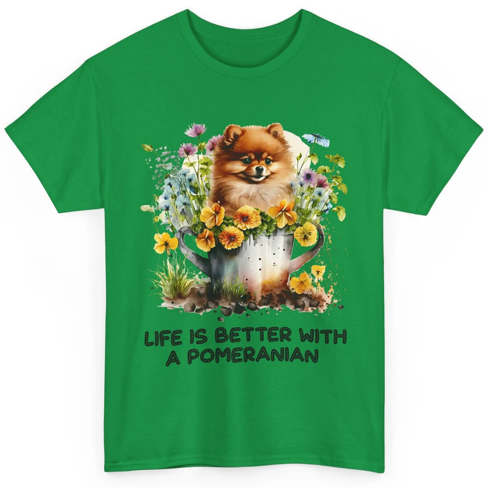 Cute Pomeranian Puppy Flowers Life Is Better With Pomeranian Classic Unisex T-Shirt