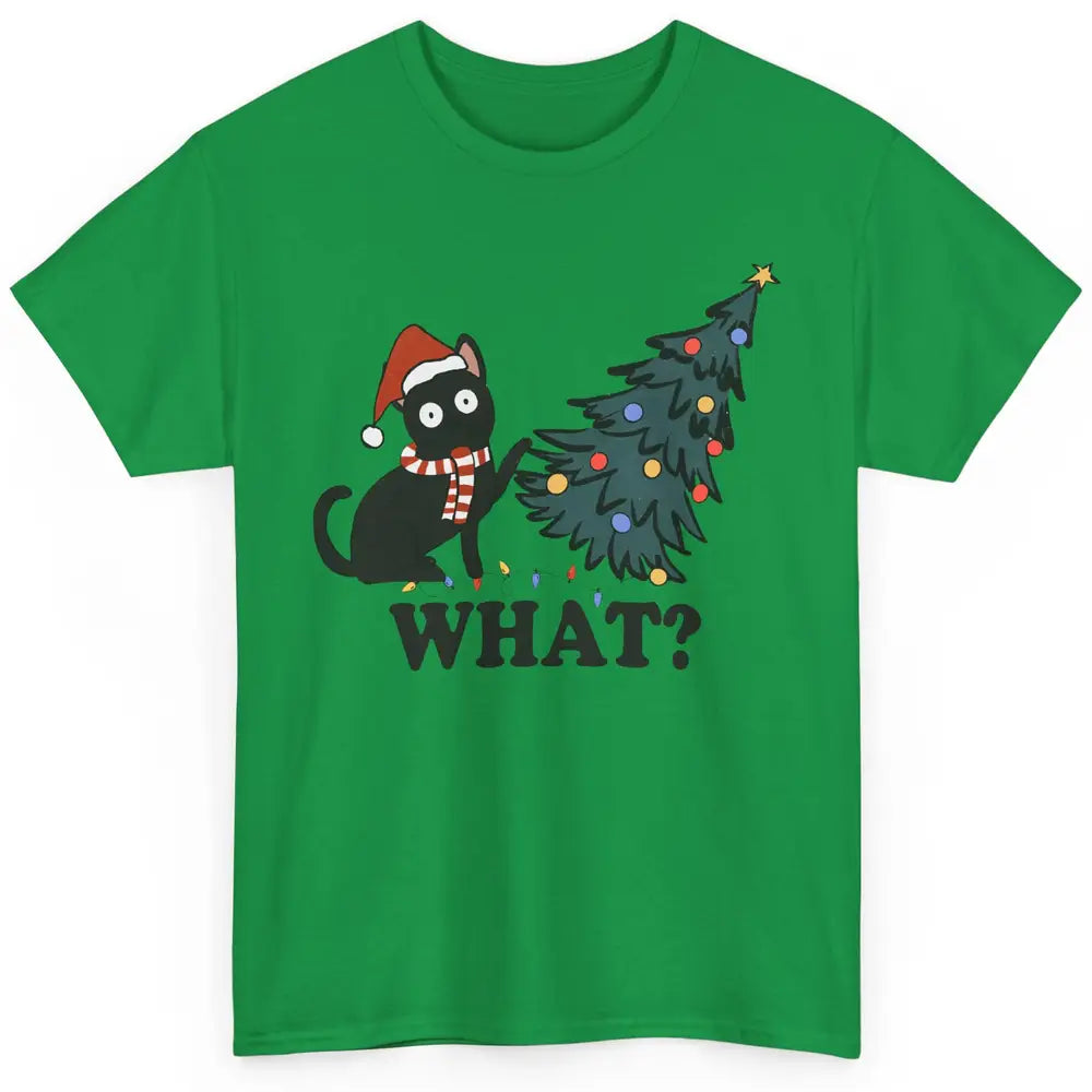 Funny Black Cat Pushing Christmas Tree What? Christmas Cat Classic Unisex T-Shirt