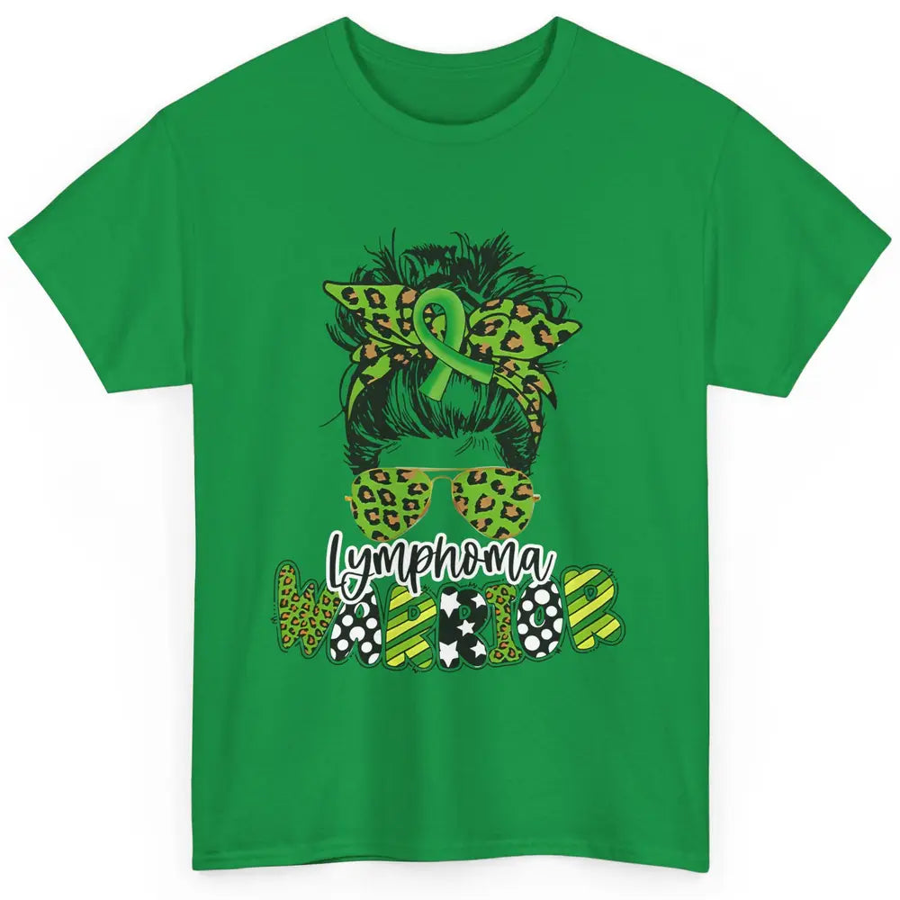 Warrior Fight Lymphoma Cancer Green Leopard Ribbon Messy Bun Classic Unisex T-Shirt