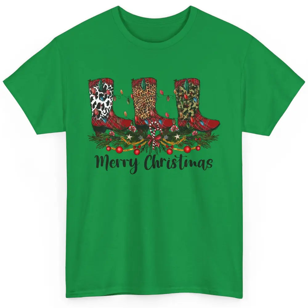 Christmas Cowboy Boots Santa Boots Leopard Western Christmas Classic Unisex T-Shirt