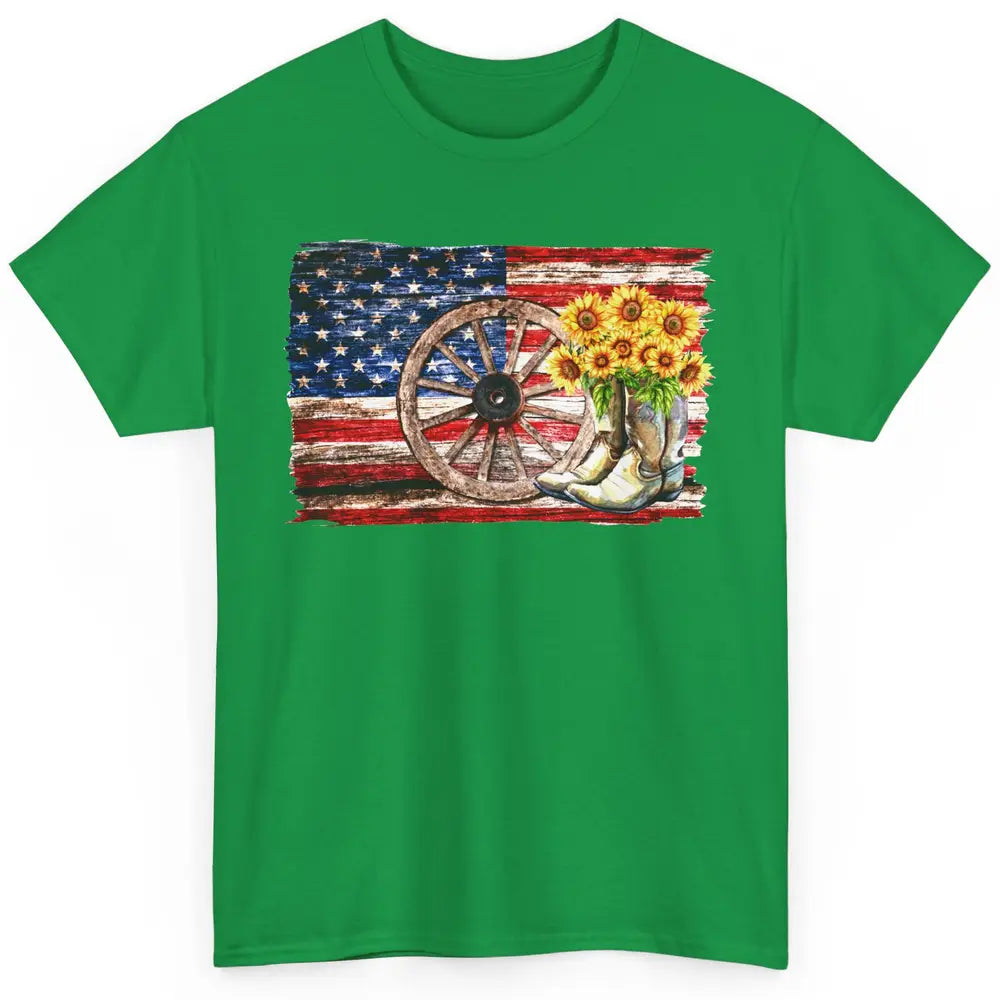 Retro US Flag Sunflower Cowgirl Boots Texas Cowboy Western Classic Unisex T-Shirt