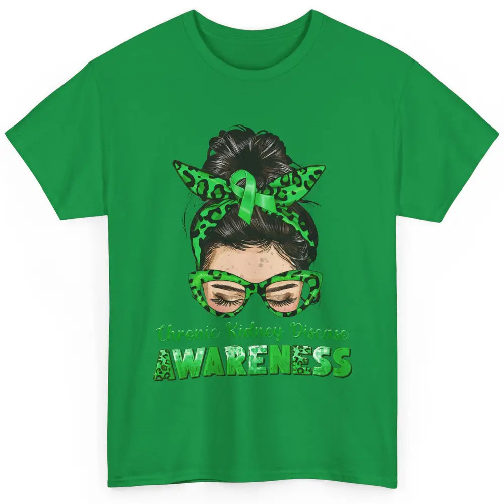 Chronic Kidney Disease Leopard Messy Bun Mom Green Ribbon Classic Unisex T-Shirt