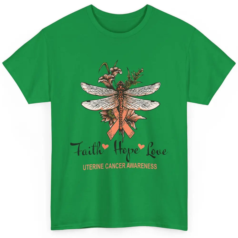 Faith Hope Love Dragonfly Peach Uterine Cancer Awareness Classic Unisex T-Shirt