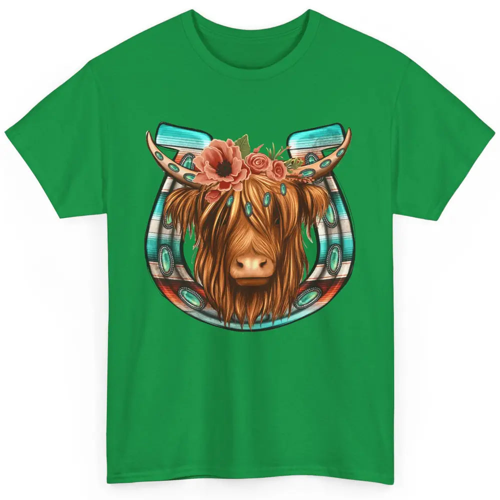 Floral Highland Cow Heifer Horseshoe Western Country Cowboy Classic Unisex T-Shirt