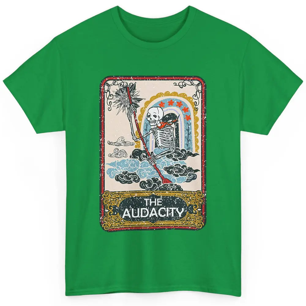 Retro Skeleton Riding Clouds Rainbow The Audacity Tarot Card Classic Unisex T-Shirt