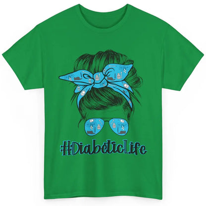 Diabetic Life Mom Messy Bun Blue Ribbon Diabetes Awareness Classic Unisex T-Shirt