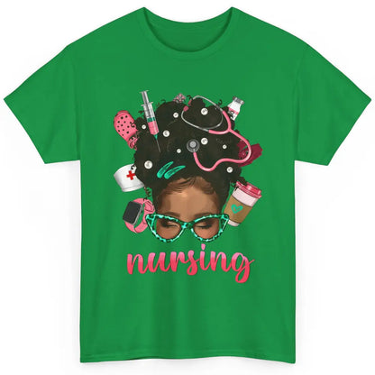 Afro Black Woman Nurse Life Nursing Therapist Messy Hair Bun Classic Unisex T-Shirt