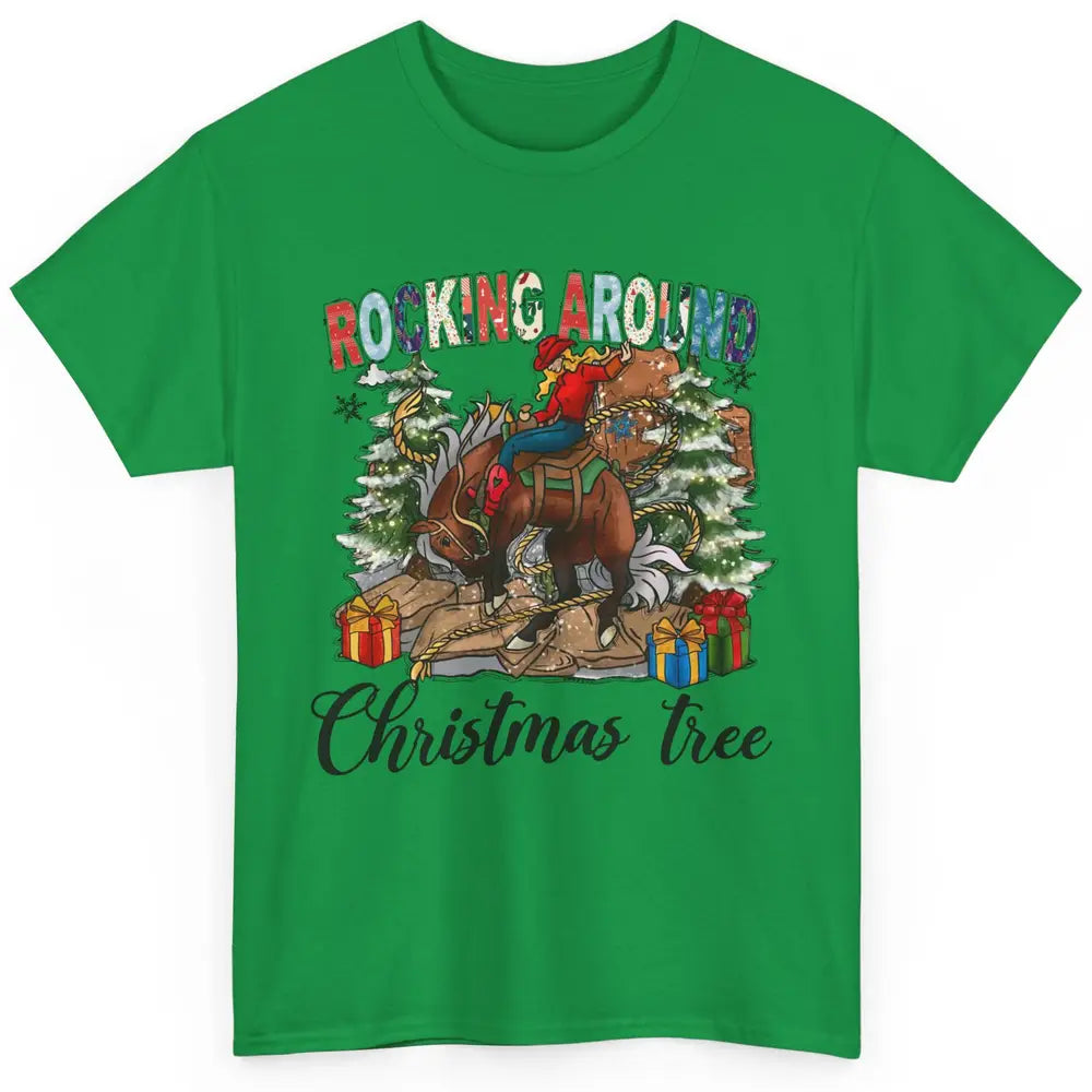 Funny Cowgirl Horsing Rocking Around Christmas Tree Western Classic Unisex T-Shirt