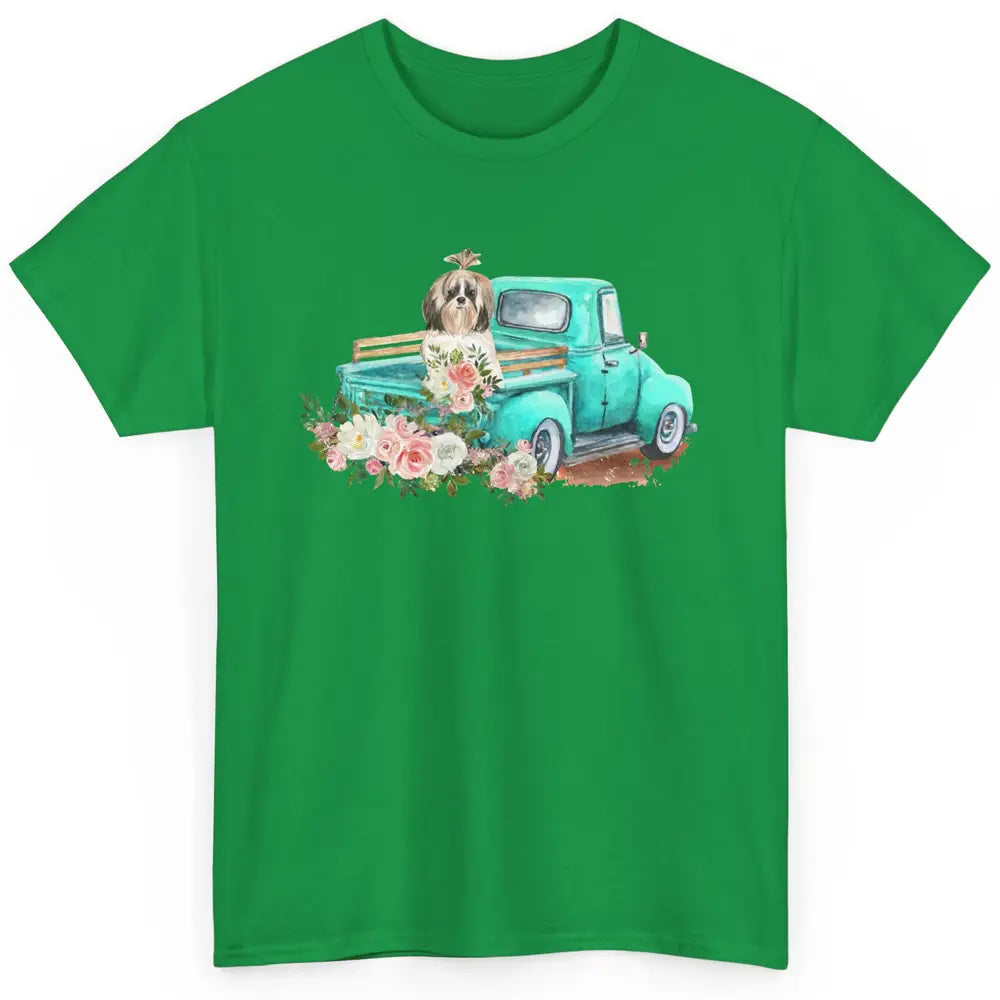 Cute Shih Tzu On Teal Truck Dog Lovers Retro Truck Christmas Classic Unisex T-Shirt