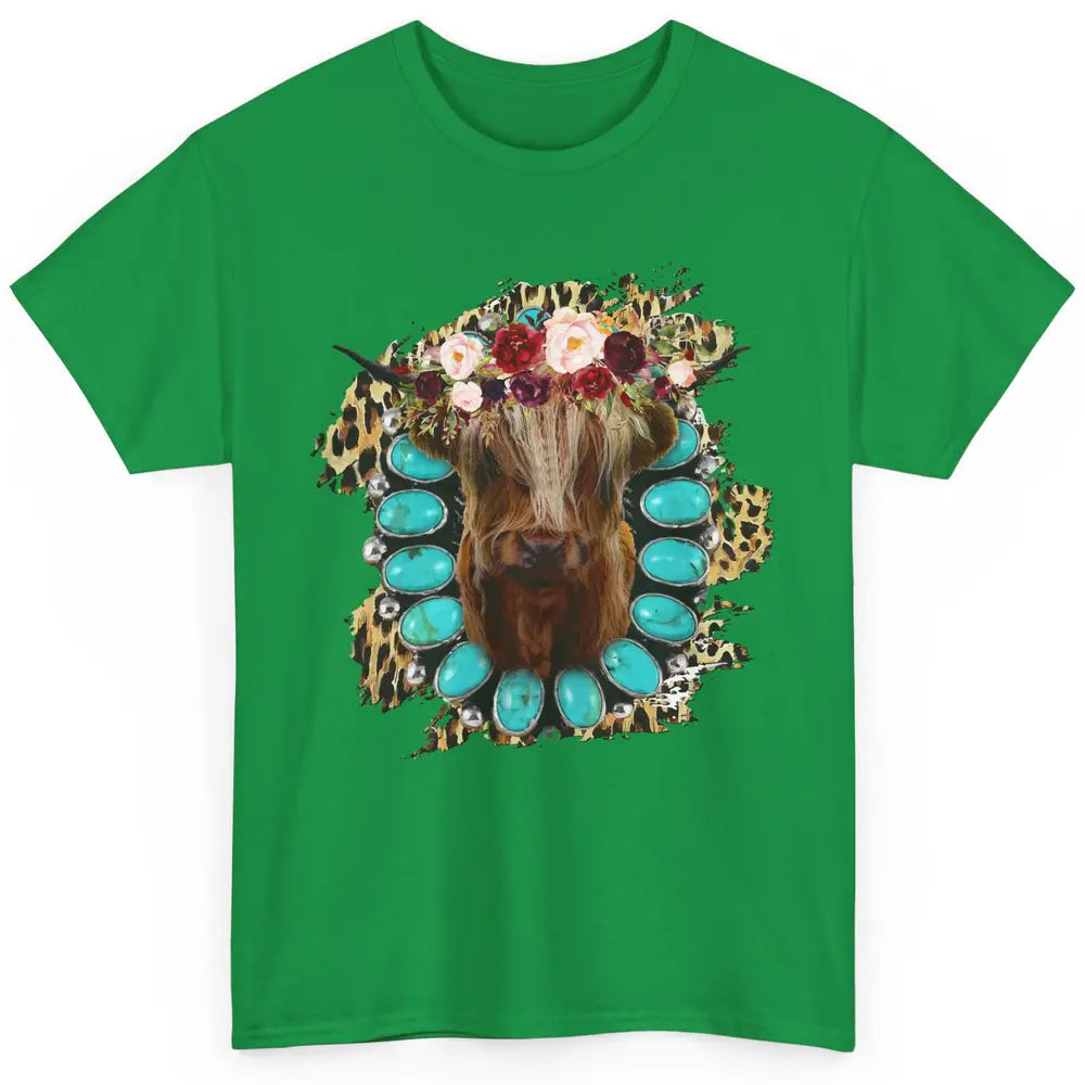 Floral Highland Cow Turquoise Western Country Cowboy Leopard Classic Unisex T-Shirt