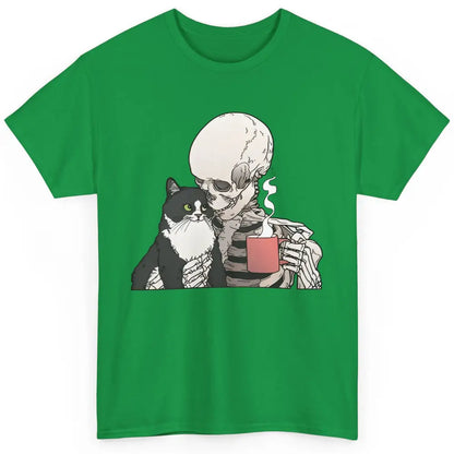 Funny Cat And Skeleton Drinking Coffee Best Friend Cat Lover Classic Unisex T-Shirt