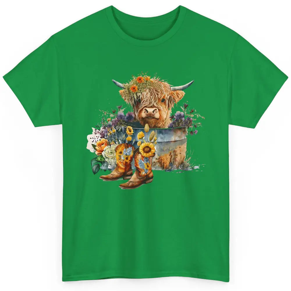 Cute Highland Cow In Metal Tub Western Cow Cowboy Boots Classic Unisex T-Shirt