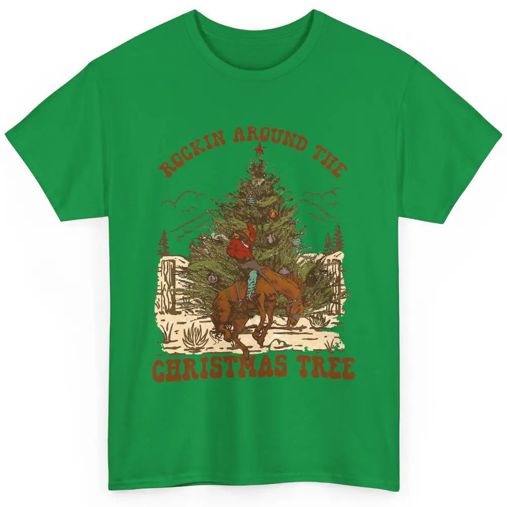 Funny Cowboy Horsing Rocking Around Christmas Tree Western Classic Unisex T-Shirt