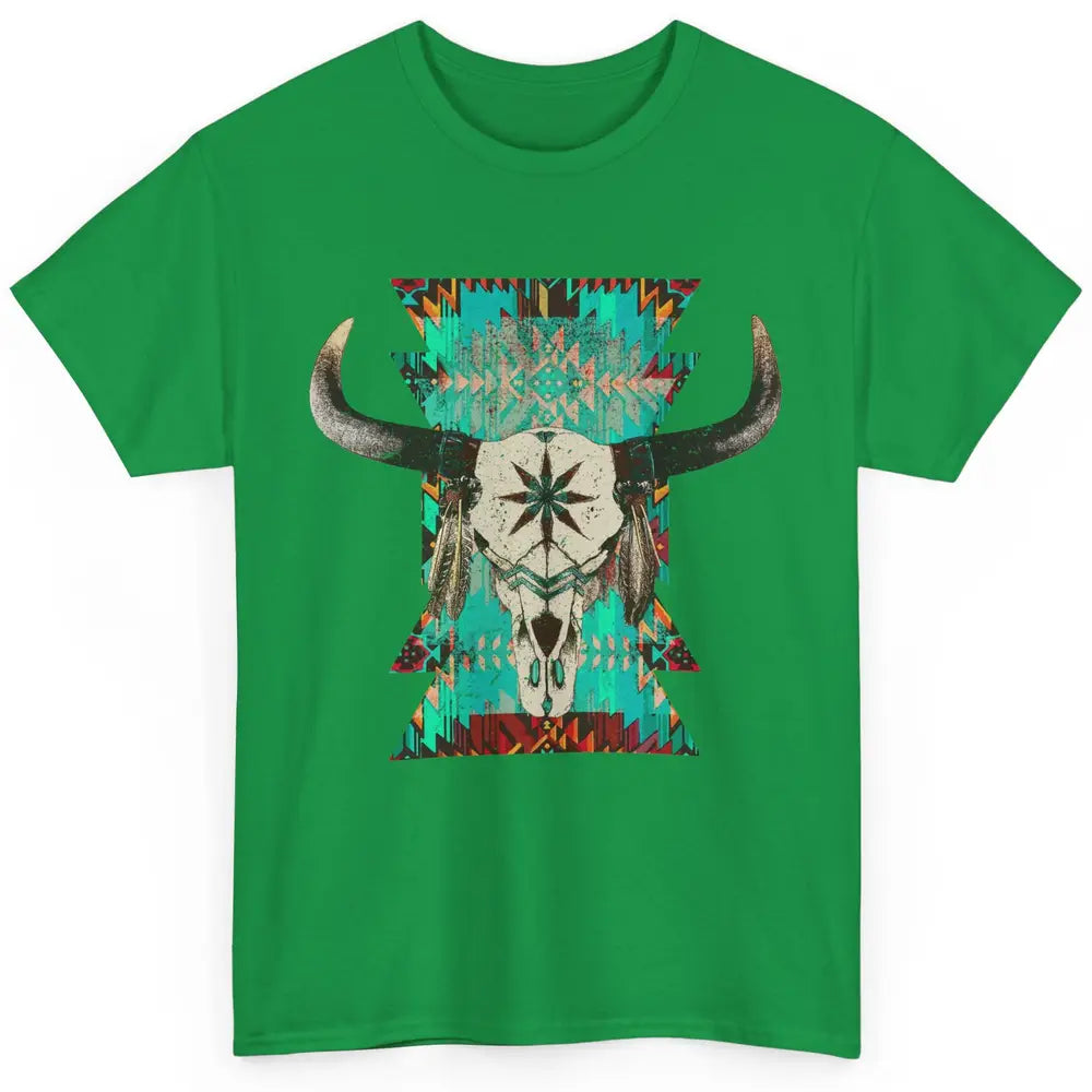 Boho Bull Skull Turquoise Aztec Western Country Rodeo Cowboy Classic Unisex T-Shirt