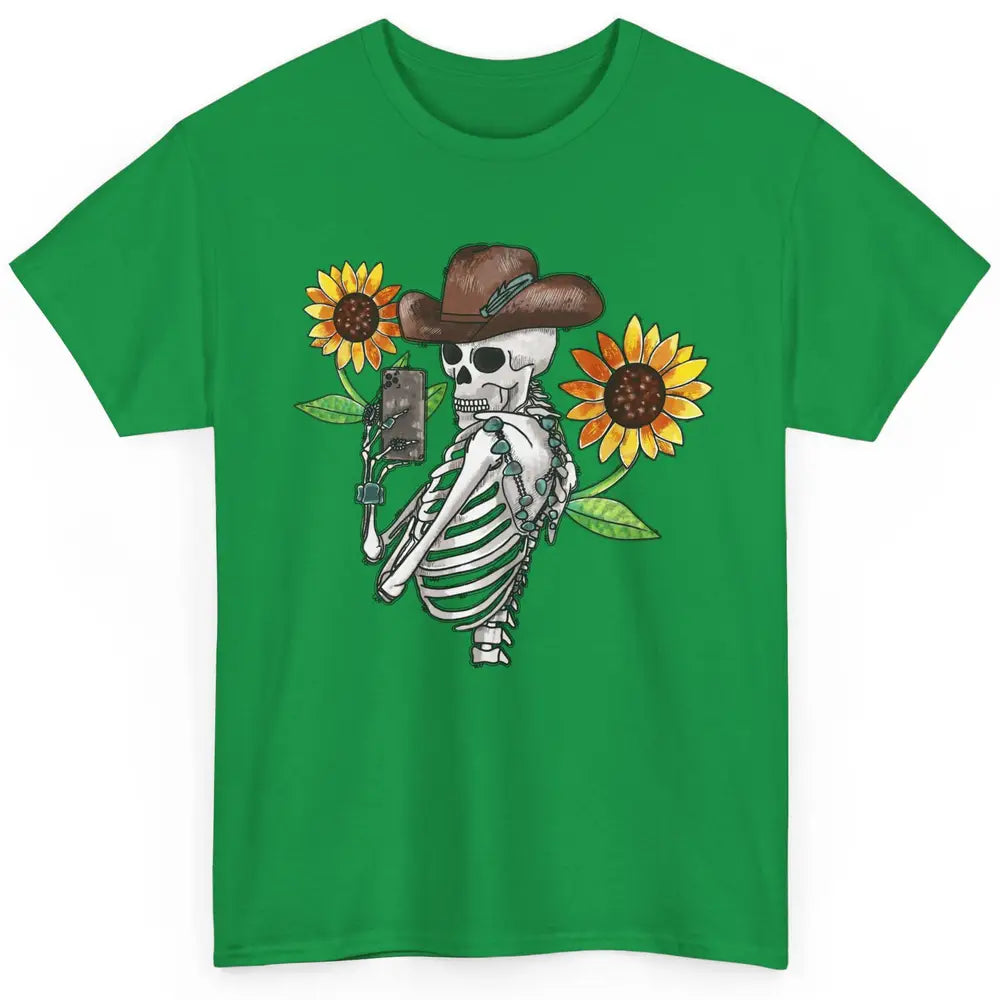 Western Cowboy Hat Skeleton Sunflower Funny Skeleton Selfie Classic Unisex T-Shirt