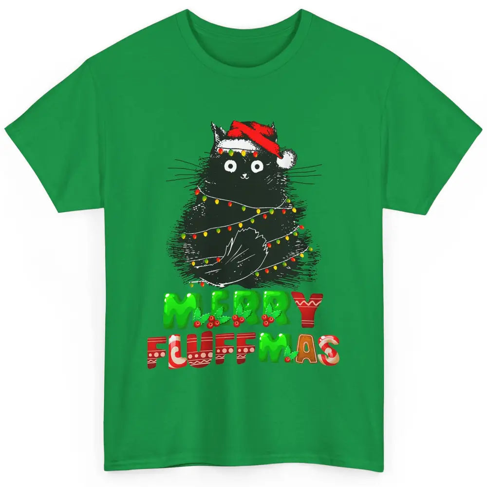 Merry Christmas Catmas Santa Hat Black Cat Xmas Lights Tree Classic Unisex T-Shirt