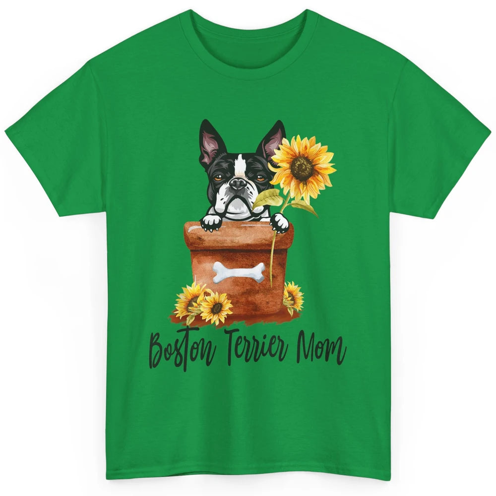 Funny Boston Terrier Dog Face Sunflowers Puppy Dog Mom Mama Classic Unisex T-Shirt