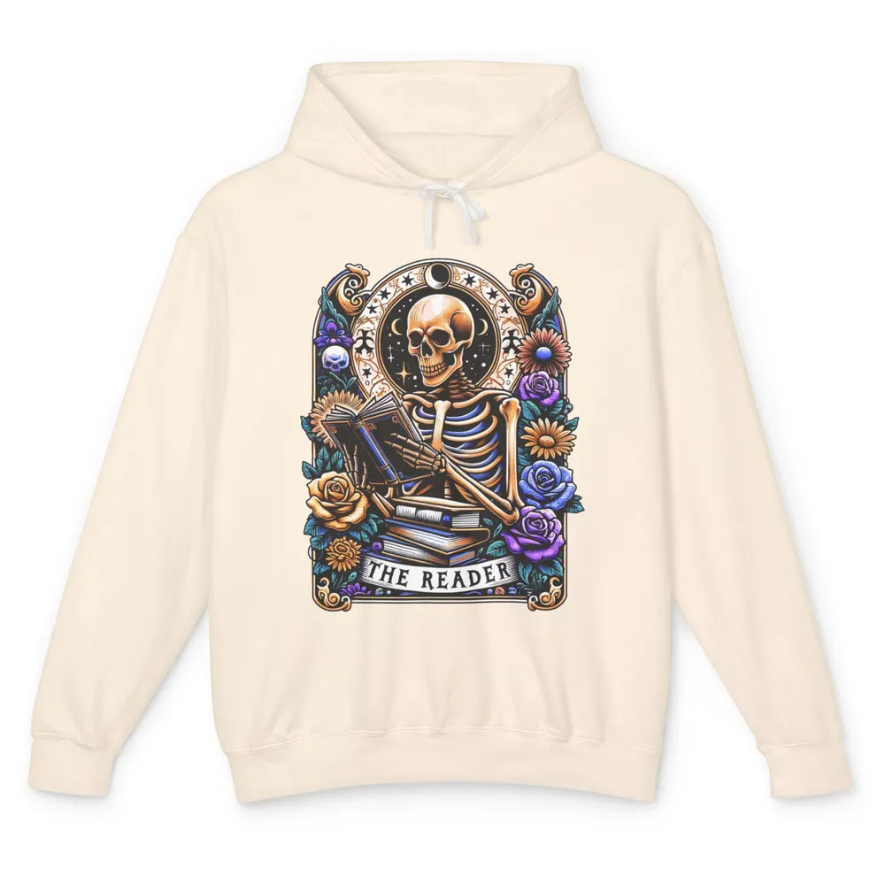 The Reader Tarot Card Halloween Reading Book Skeleton Floral Skull Bookish Bookworm Unisex Lightweight Hoodie