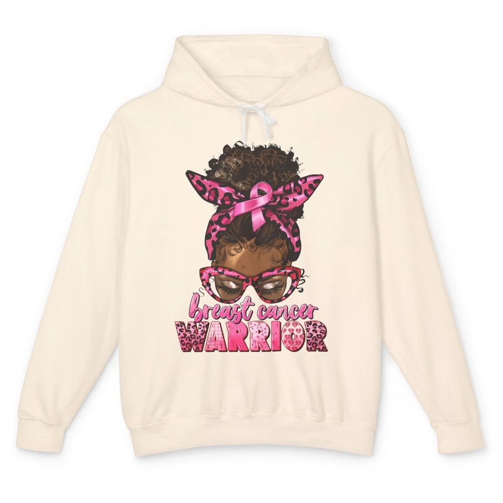 Afro Black Woman Breast Cancer Awareness Messy Bun Leopard Unisex Lightweight Hoodie