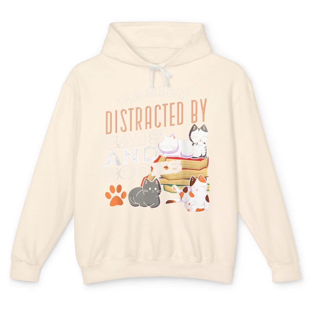 Easily Distracted By Cats And Books Pet Owner Kitten Reader Unisex Lightweight Hoodie