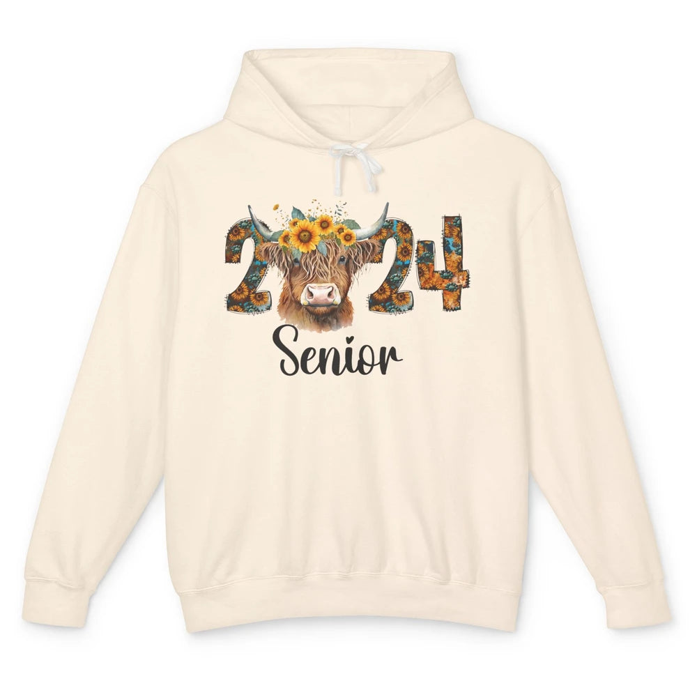 Sunflower Highland Cow Senior 2024 Graduate Bachelor Western Unisex Lightweight Hoodie