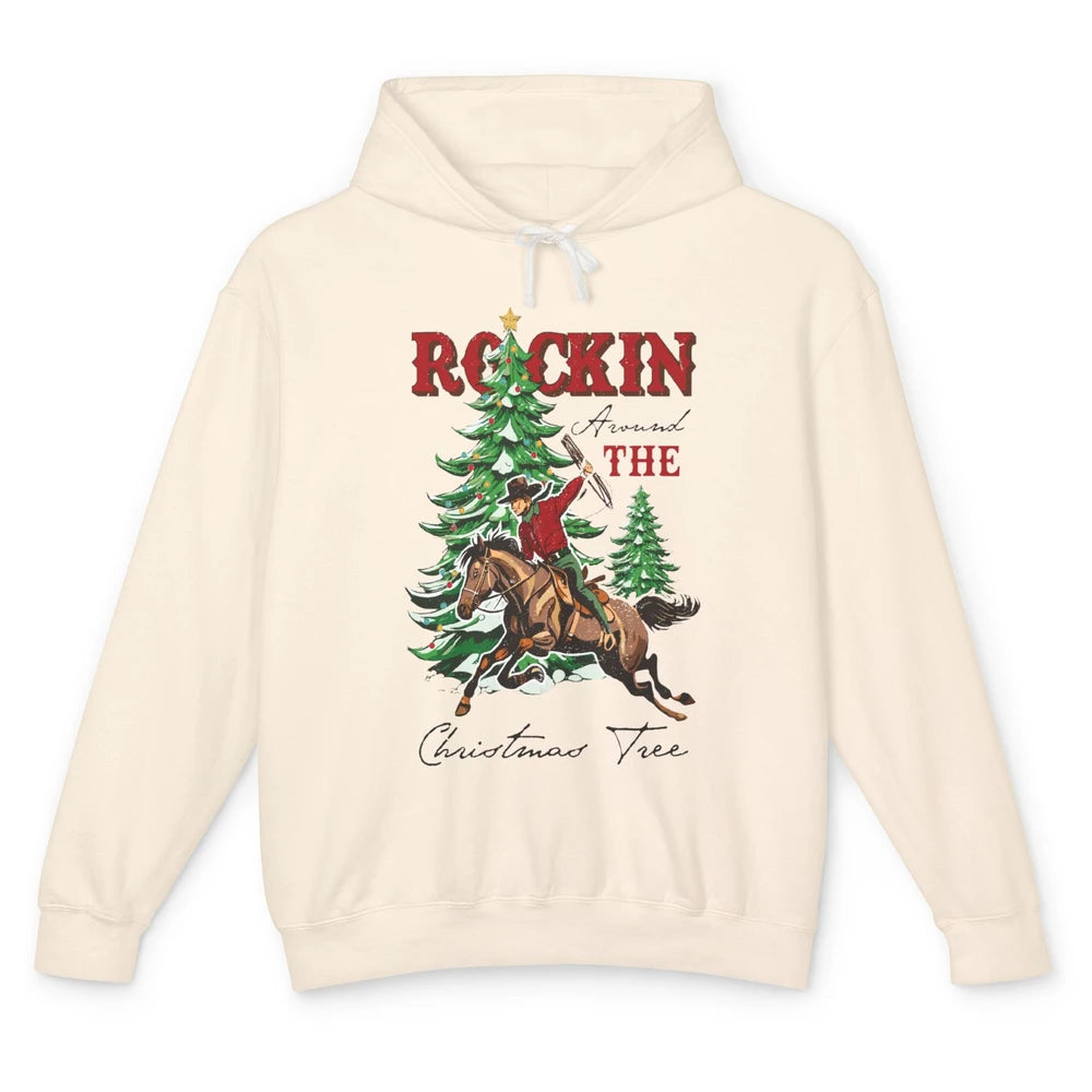 Retro Horsing Cowboy Rocking Around Christmas Tree Western Unisex Lightweight Hoodie