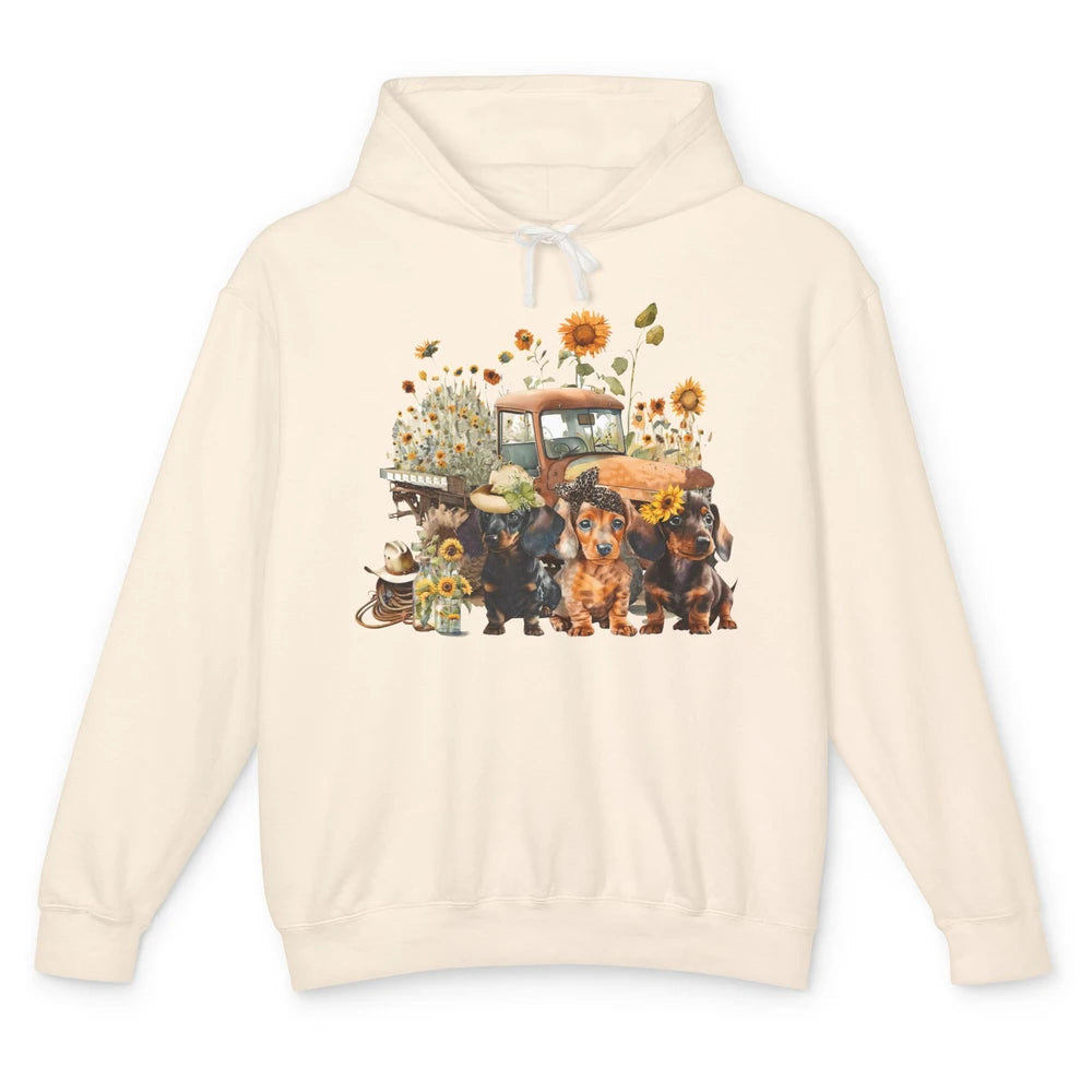 Vintage Truck And Sunflower Dachshund Mom Dachshund Lovers Unisex Lightweight Hoodie