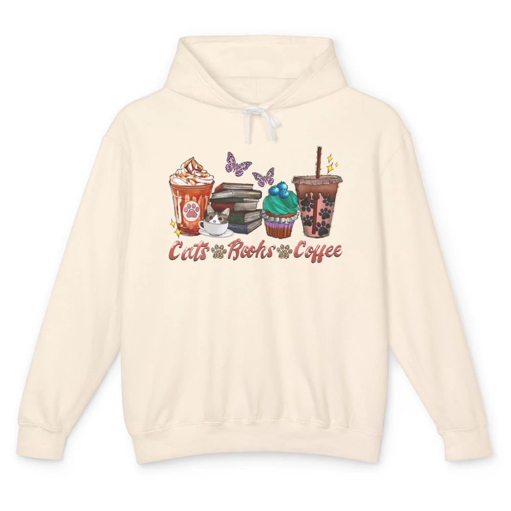 Cats Books Coffee Funny Coffee Paw Books Lovers Reader Gift Unisex Lightweight Hoodie