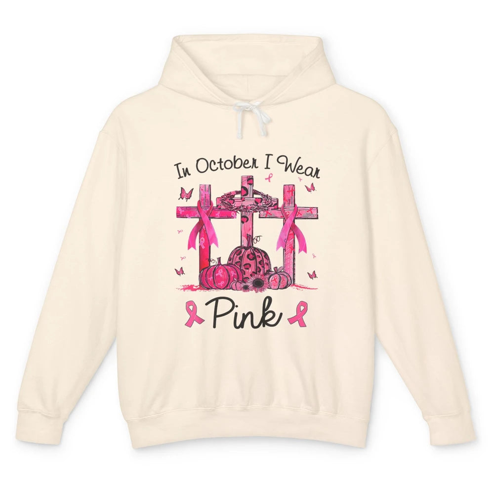 Cross Pumpkin Christian Pink Ribbon Breast Cancer Awareness Unisex Lightweight Hoodie