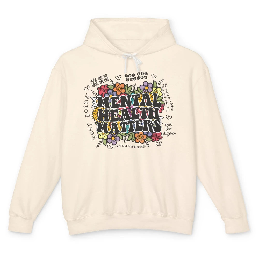 Mental Health Matters Floral Minimalist Graphic Therapist Unisex Lightweight Hoodie