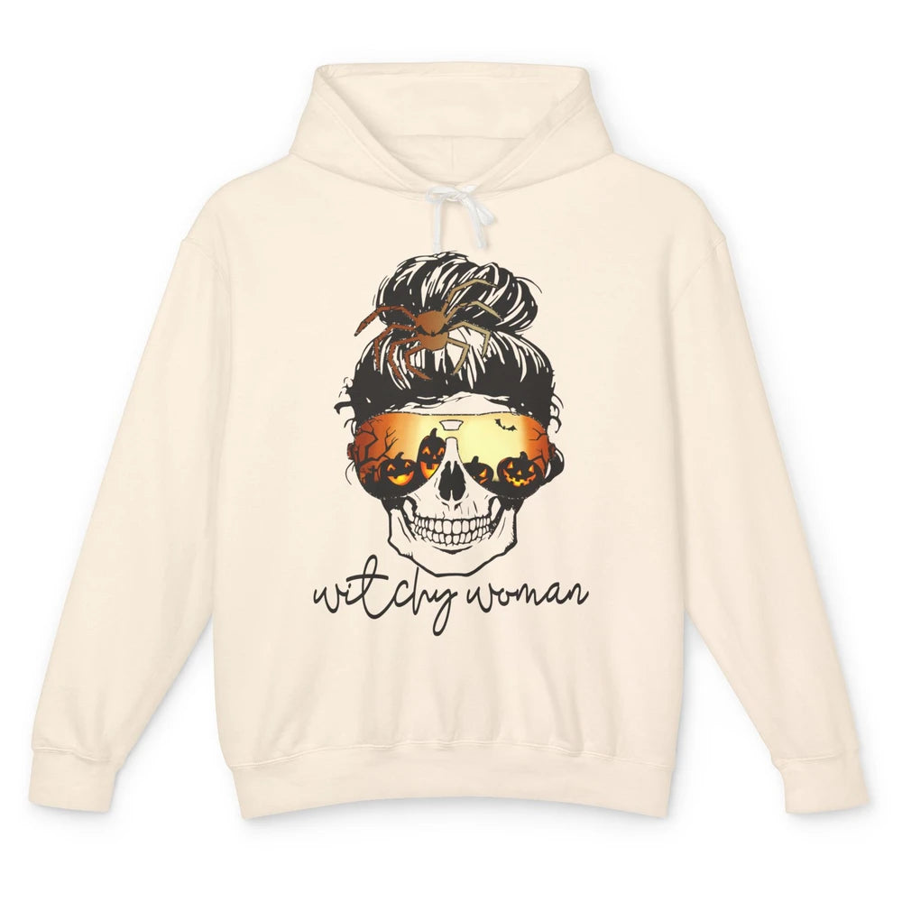 Witchy Woman Messy Bun Hair Skull Halloween Pumpkin Costume Unisex Lightweight Hoodie