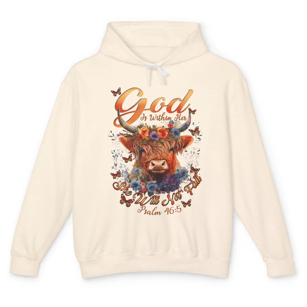 Christian Highland Cow God Is Within Her Bible Religious Unisex Lightweight Hoodie