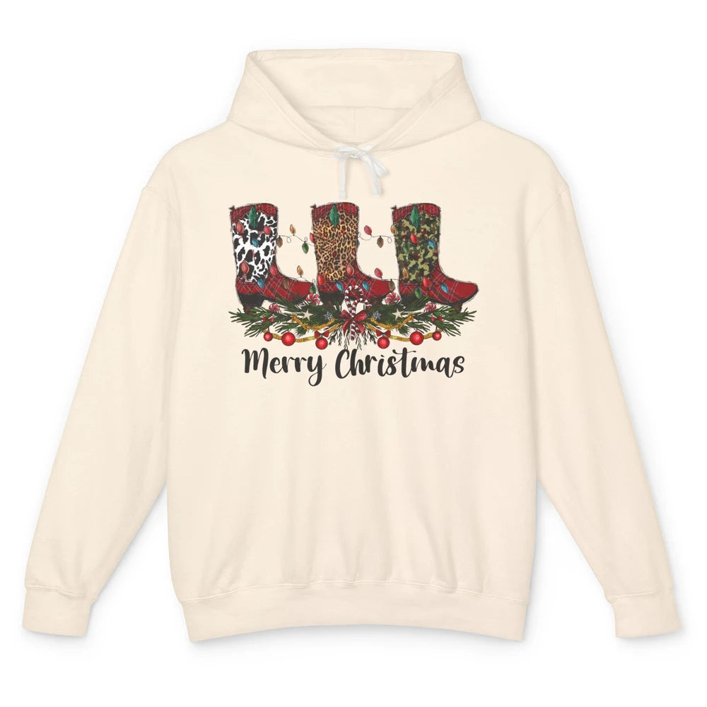 Christmas Cowboy Boots Santa Boots Leopard Western Christmas Unisex Lightweight Hoodie